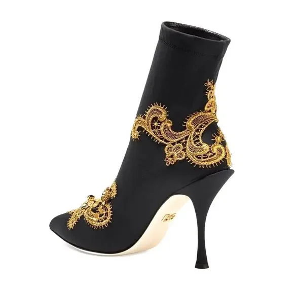 DOLCE & GABBANA Lori 100 Baroque Embroidery Lace Stretch Sock Boot Black Gold 36 - Picture 8 of 8